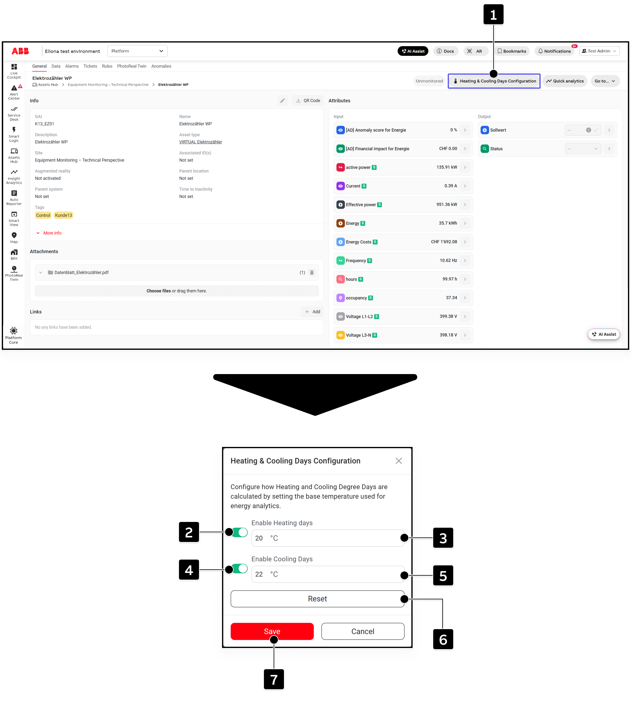 Asset Details with the Heating and Cooling Days Configuration button and configuration dialog marked
